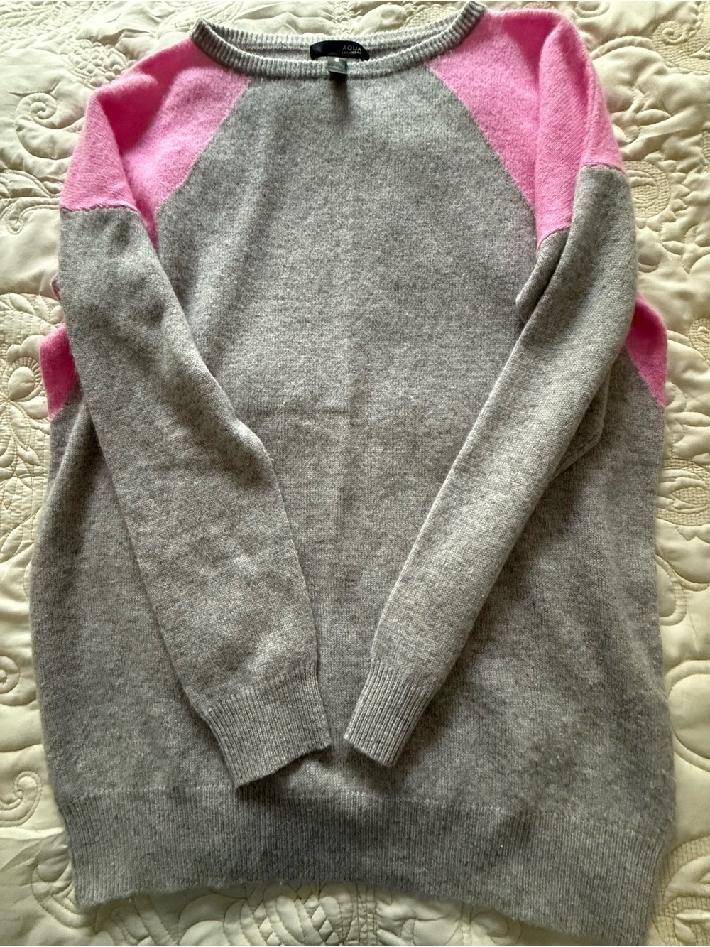 Aqua Gray Crewneck Sweater with Pink Raglan Shoulders
